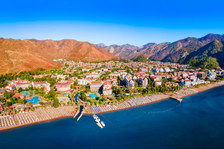 Icmeler city beach aerial panoramic view. Icmeler is a town near Marmaris city in Mugla Province, Turkey.の写真素材