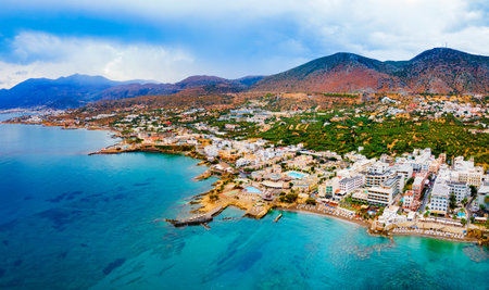 Hersonissos harbor aerial panoramic view. Hersonissos or Chersonissos is a town in the north of Crete island in Greece.の写真素材