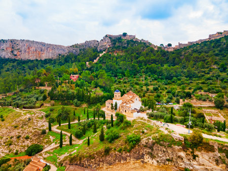 Sant Feliu church aerial panoramic view. Sant Feliu or St Felix is a Romanesque and gothic style, Roman Catholic church in the city of Xativa near Valencia in Spain.の写真素材