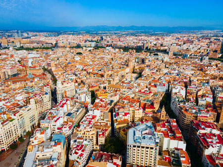 Valencia city aerial panoramic view. Valencia is the third most populated municipality in Spain.の写真素材