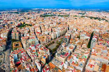 Valencia City Hall at the Plaza del Ajuntament square aerial panoramic view. Valencia is the third most populated municipality in Spain.の写真素材