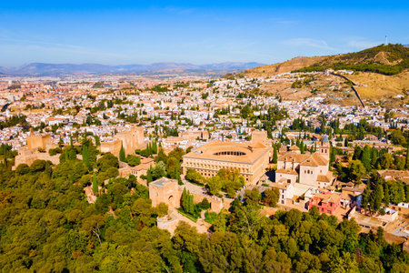 The Alhambra aerial panoramic view. The Alhambra is a fortress complex located in Granada city, Andalusia region in Spain.の写真素材