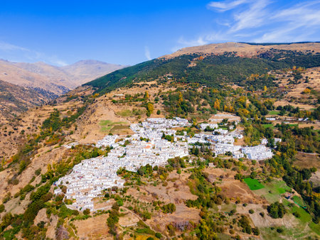 Capileira village aerial panoramic view. Capileira is a village in the Alpujarras area in the province of Granada in Andalusia, Spain.の写真素材