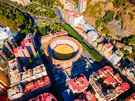 Bullring or plaza de toros building aerial panoramic view in Malaga. Malaga is a city in the Andalusia community in Spain.の写真素材