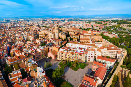 Cathedral of Tarragona aerial panoramic view. It is a Roman Catholic church in Tarragona city, Catalonia region in Spain.の写真素材