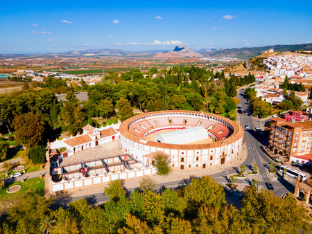 Bullring or plaza de toros building aerial panoramic view in Antequera. Antequera is a city in the province of Malaga, the community of Andalusia in Spain.の写真素材
