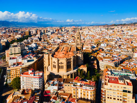 Malaga Cathedral aerial panoramic view. The Cathedral of Malaga is a Roman Catholic church in Malaga city in the Andalusia community in Spain.の写真素材
