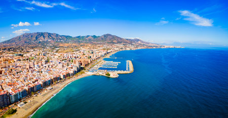 Fuengirola city beach and marina aerial panoramic view. Fuengirola is a city on the Costa del Sol in the province of Malaga in the Andalusia, Spain.の写真素材