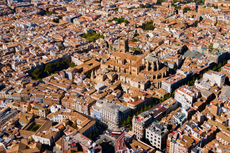 Granada Cathedral aerial panoramic view. Cathedral of Incarnation or Santa Iglesia Catedral is a Roman Catholic church in Granada city, Andalusia in Spain.の写真素材
