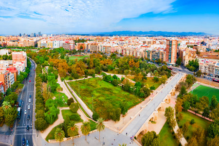Valencia city aerial panoramic view from the Serrans Gate or Serranos Towers. Valencia is the third most populated municipality in Spain.の写真素材