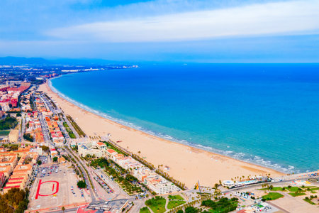 Valencia city beach aerial panoramic view. Valencia is the third most populated municipality in Spain.の写真素材