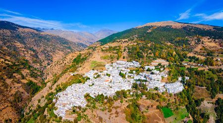 Capileira village aerial panoramic view. Capileira is a village in the Alpujarras area in the province of Granada in Andalusia, Spain.の写真素材