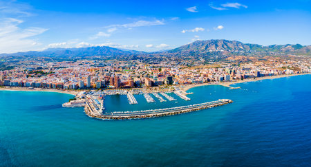 Fuengirola city beach and marina aerial panoramic view. Fuengirola is a city on the Costa del Sol in the province of Malaga in the Andalusia, Spain.の写真素材