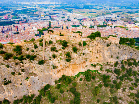 Xativa Castle aerial panoramic view. Castillo de Jativa is a castle located in the city of Xativa near Valencia in Spain.の写真素材