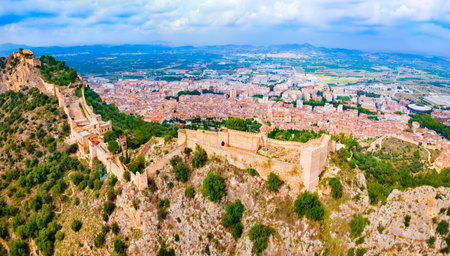 Xativa Castle aerial panoramic view. Castillo de Jativa is a castle located in the city of Xativa near Valencia in Spain.の写真素材