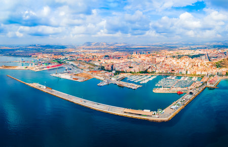 Alicante city port with boats and yachts aerial panoramic view. Alicante is a city in the Valencia region, Spain.の写真素材