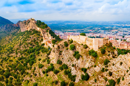 Xativa Castle aerial panoramic view. Castillo de Jativa is a castle located in the city of Xativa near Valencia in Spain.の写真素材