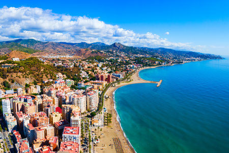 Malaga main city beach aerial panoramic view. Malaga is a city in the Andalusia community in Spainの写真素材