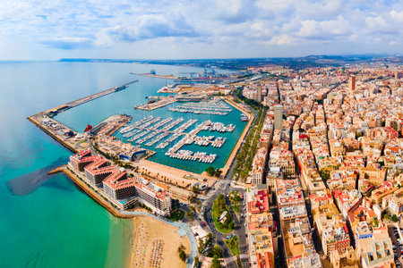 Alicante city port with boats and yachts aerial panoramic view. Alicante is a city in the Valencia region, Spain.の写真素材