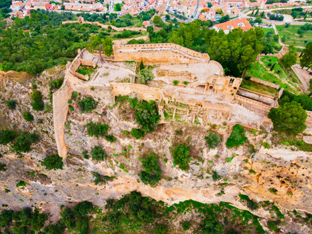 Xativa Castle aerial panoramic view. Castillo de Jativa is a castle located in the city of Xativa near Valencia in Spain.の写真素材