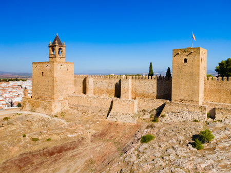 Alcazaba of Antequera aerial panoramic view. The Alcazaba of Antequera is a Moorish fortress in Antequera city in the province of Malaga, the community of Andalusia in Spain.の写真素材