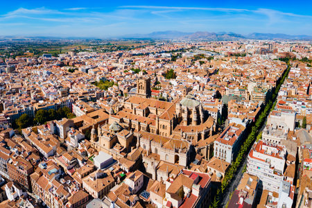 Granada Cathedral aerial panoramic view. Cathedral of Incarnation or Santa Iglesia Catedral is a Roman Catholic church in Granada city, Andalusia in Spain.の写真素材
