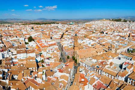 Saint Sebastian Parish Church aerial panoramic view in Antequera. Antequera is a city in the province of Malaga, the community of Andalusia in Spain.の写真素材