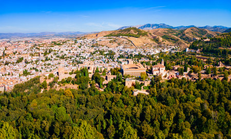 The Alhambra aerial panoramic view. The Alhambra is a fortress complex located in Granada city, Andalusia region in Spain.の写真素材