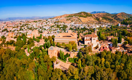 The Alhambra aerial panoramic view. The Alhambra is a fortress complex located in Granada city, Andalusia region in Spain.の写真素材