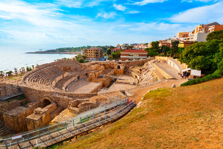 Tarragona Amphitheatre aerial panoramic view. Tarragona Amphitheatre is a Roman amphitheatre in the city of Tarragona in the Catalonia region of Spain.の写真素材