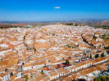 Saint Sebastian Parish Church aerial panoramic view in Antequera. Antequera is a city in the province of Malaga, the community of Andalusia in Spain.の写真素材
