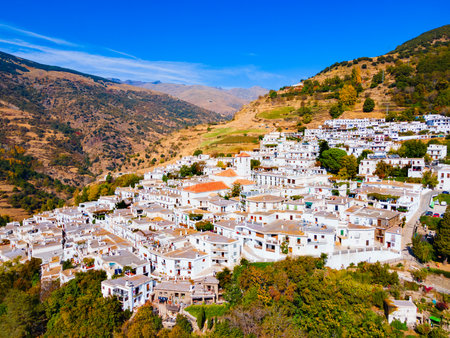 Capileira village aerial panoramic view. Capileira is a village in the Alpujarras area in the province of Granada in Andalusia, Spain.の写真素材