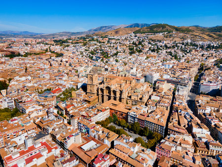 Granada Cathedral aerial panoramic view. Cathedral of Incarnation or Santa Iglesia Catedral is a Roman Catholic church in Granada city, Andalusia in Spain.の写真素材
