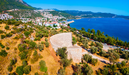 The ancient Greek theatre aerial panoramic view at the Antiphellus or Antiphellos Ancient City in...