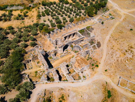 Miletus Archaeological Site aerial panoramic view. Miletus was an ancient Greek city and now located near the Didim modern city in Turkey.の写真素材