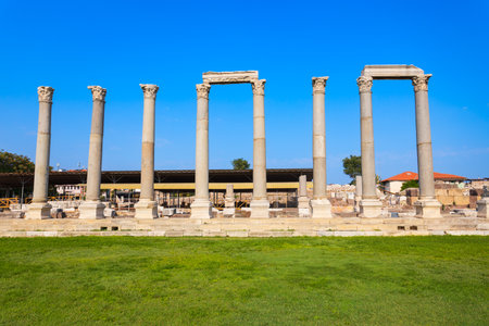 The Agora of Smyrna colonnade in Izmir. The Agora of Smyrna is an ancient Roman agora located in Izmir city, Anatolia region of Turkey.の写真素材