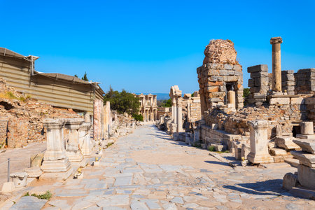 Curetes street collonade at the Ephesus ancient Greek city. Ephesus or Efes is located near Selcuk modern city in Izmir Province in Turkey.の写真素材