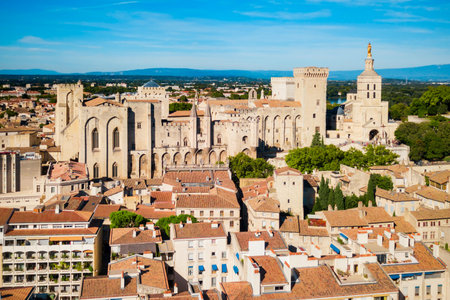 Palace of the Popes or Palais des Papes and Avignon Cathedral aerial panoramic view in Avignon city, southern Franceの写真素材