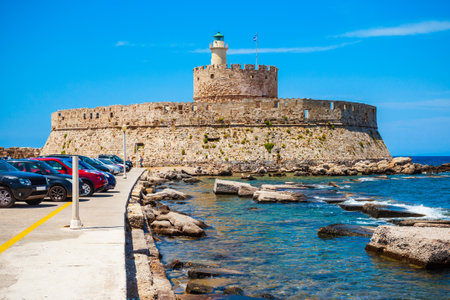 Saint Nicholas Fort guards the Mandraki harbour in Rhodes city, capital of Rhodes island in Greece