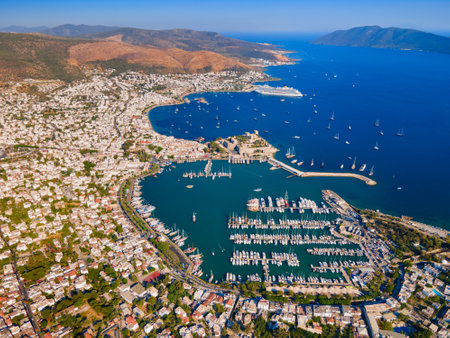 Bodrum city beach and marina aerial panoramic view. Bodrum is a city in Mugla Province, Turkey.の写真素材