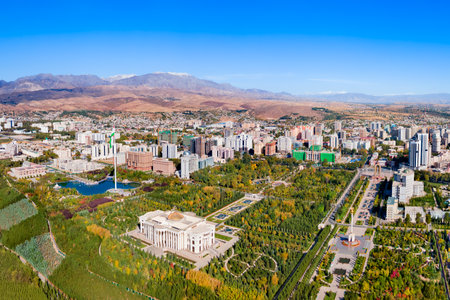The Palace of the Nation aerial panoramic view in Dushanbe. Dushanbe is the capital city of Tajikistan.の写真素材