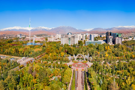 Rudaki Park aerial panoramic view in Dushanbe. Dushanbe is the capital city of Tajikistan.の写真素材