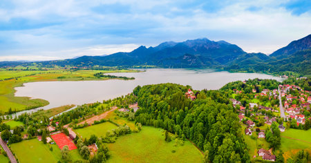 Kochelsee aerial panoramic view. Kochelsee or Lake Kochel is a lake 70 kilometres south of Munich on the edge of the Bavarian Alps in Germany.の写真素材