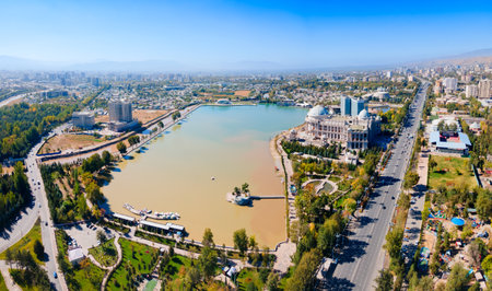 Komsomolskoe Lake aerial panoramic view in Dushanbe. Dushanbe is the capital city of Tajikistan.の写真素材