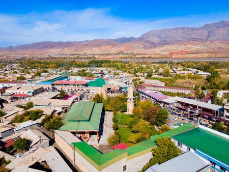 Penjikent Central Mosque Mukhammad Bashoro aerial panoramic view. Penjikent or Panjakent is a city in the Sughd province of Tajikistan.の写真素材