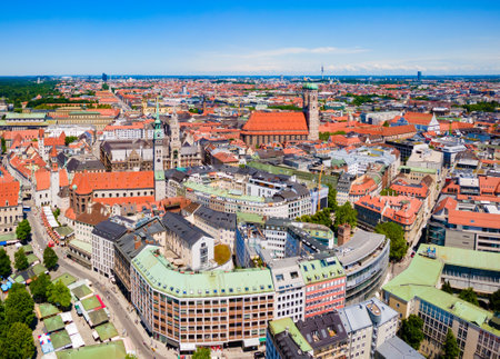 Marienplatz aerial panoramic view. Marienplatz or St. Mary square is a central square in the city centre of Munich, Germany.の写真素材