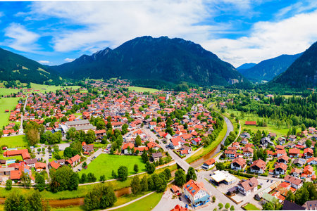 Oberammergau aerial panoramic view. Oberammergau is a town in the district of Garmisch-Partenkirchen in Bavaria, Germanyの写真素材