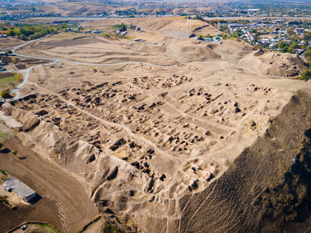 Ancient Penjikent city ruins aerial panoramic view. Penjikent or Panjakent is a city in the Sughd province of Tajikistan.の写真素材