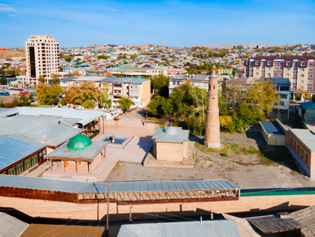 Hazrat-i-Shah or Hazrati Shah Mosque aerial panoramic view in Istaravshan. Istaravshan or Ura-Tyube is a city in Sughd Province in Tajikistan.の写真素材