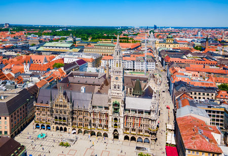 New Town Hall aerial panoramic view. New Town Hall or Neues Rathaus is located at the Marienplatz or St. Mary square, a central square in Munich city centre, Germany.の写真素材